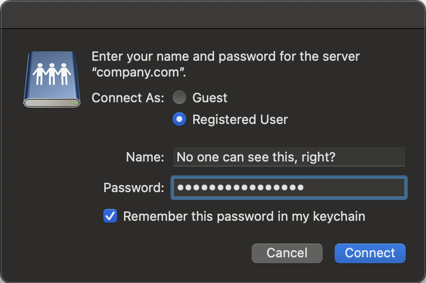 A password prompt with the phrase &lsquo;No one can see this, right?&rsquo; in the name field. There is a checkbox to save the password to the macOS keychain.